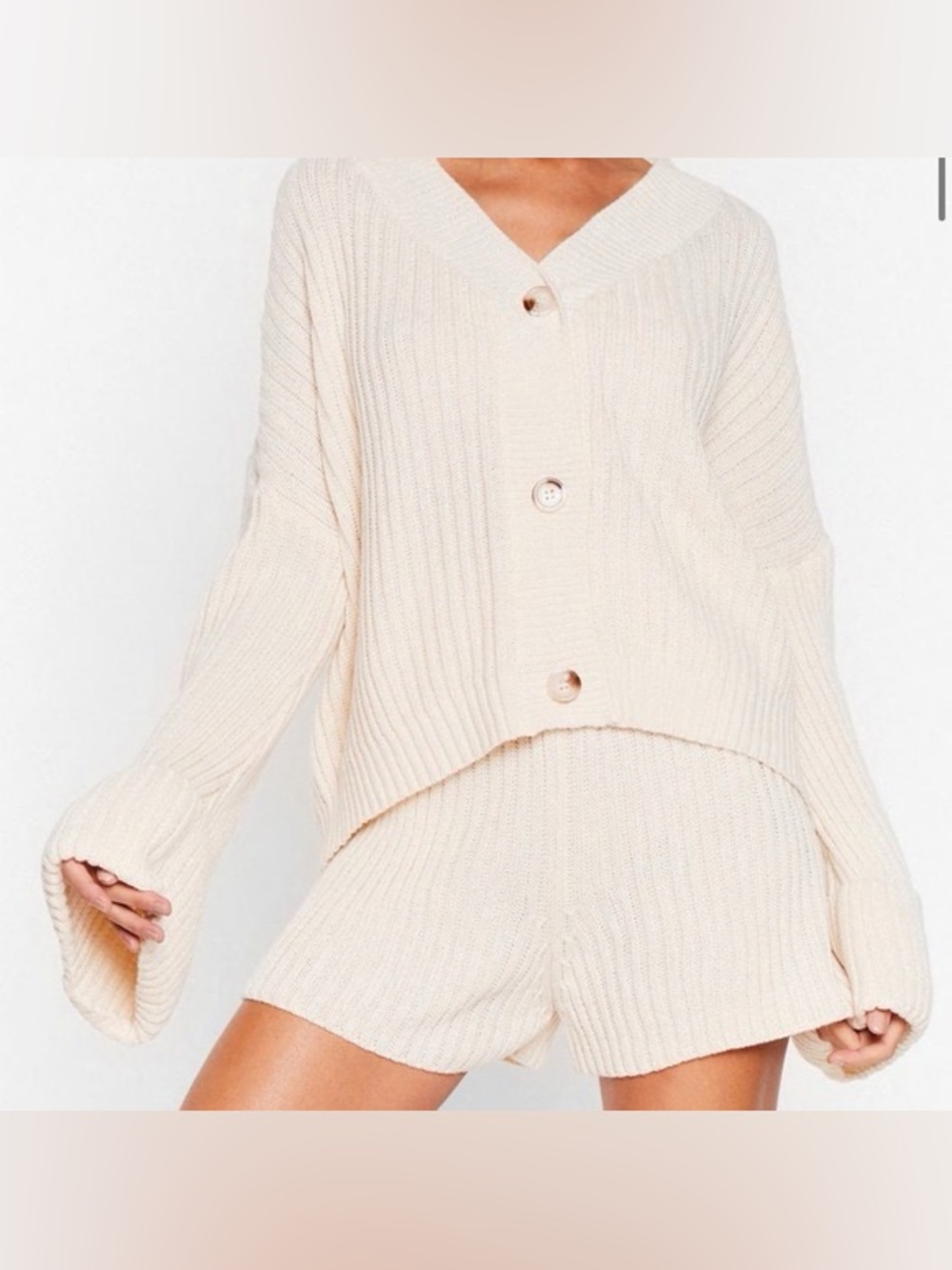 Nasty Gal Rib Knit Cardigan & Shorts Lounge Set Cream White M